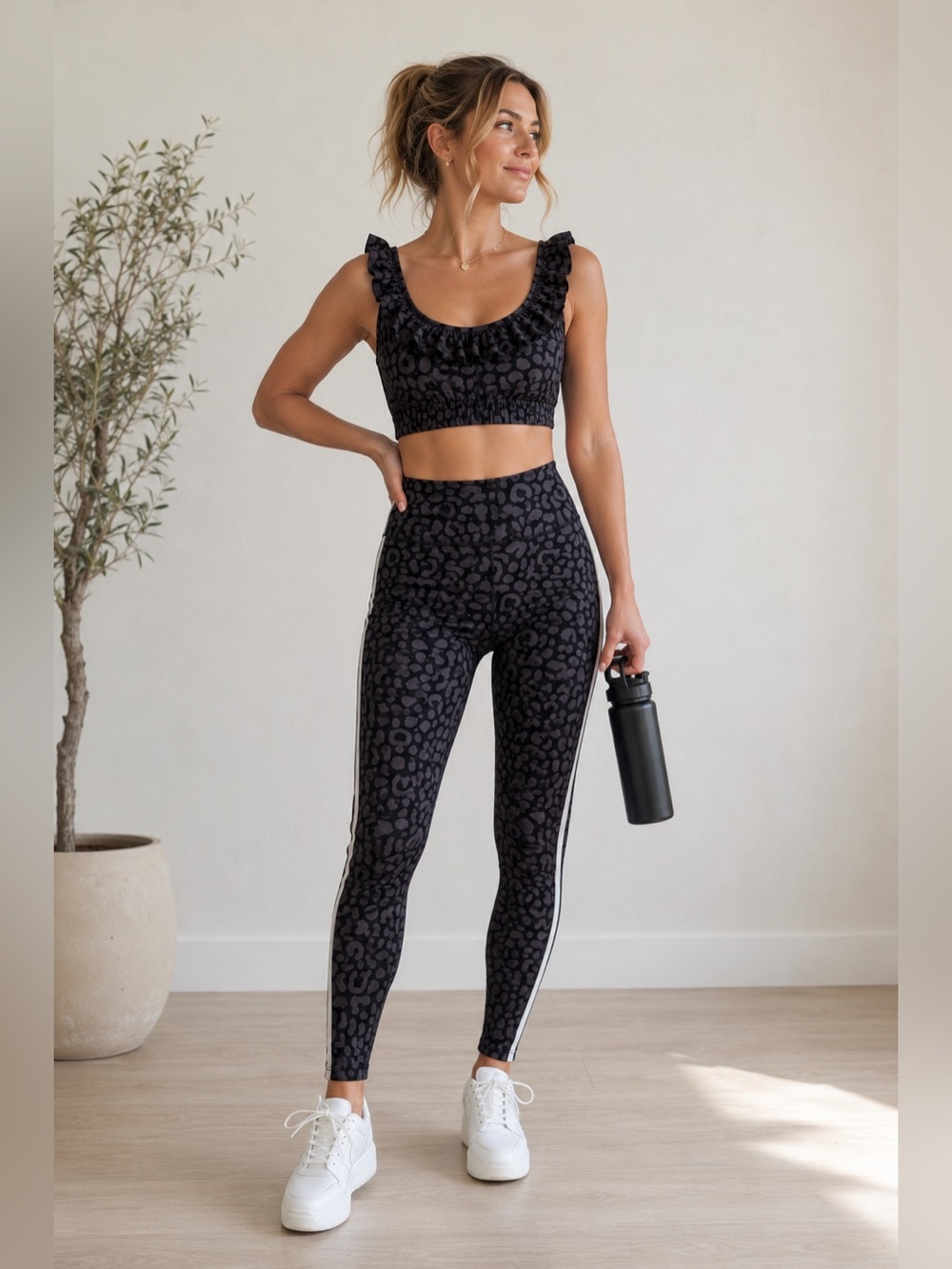 EMILY MCCARTHY Workout Set Cheetah Print Ruffle Sports Bra Top & Leggings Medium